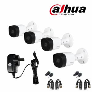 4 bullet plastica 2mp 2.8mm + 4 balun tornillo + 4 plug dc macho + 1 plug dc hembra + 1 fuente 12v 3 a
